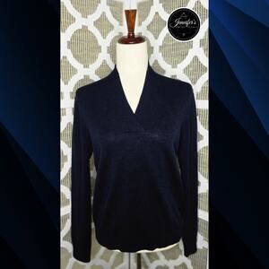 Brooks Brothers 346 Women's Black/Blue Merino Wool V-Neck Sweater Size L
